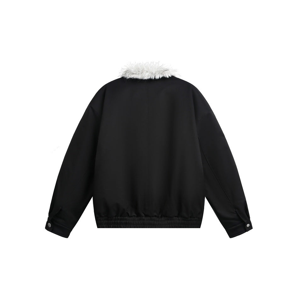 Back view of a black jacket with a light gray fur collar, long sleeves, and gathered hem.