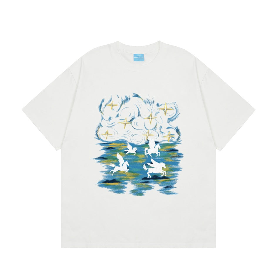 White short-sleeve crew-neck T-shirt with a blue and gold brushstroke print of winged horses, clouds and stars