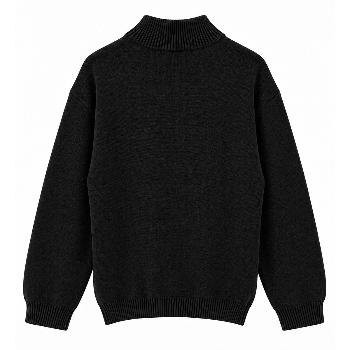 Back view of a black sweater with a ribbed high collar, cuffs, and hem.