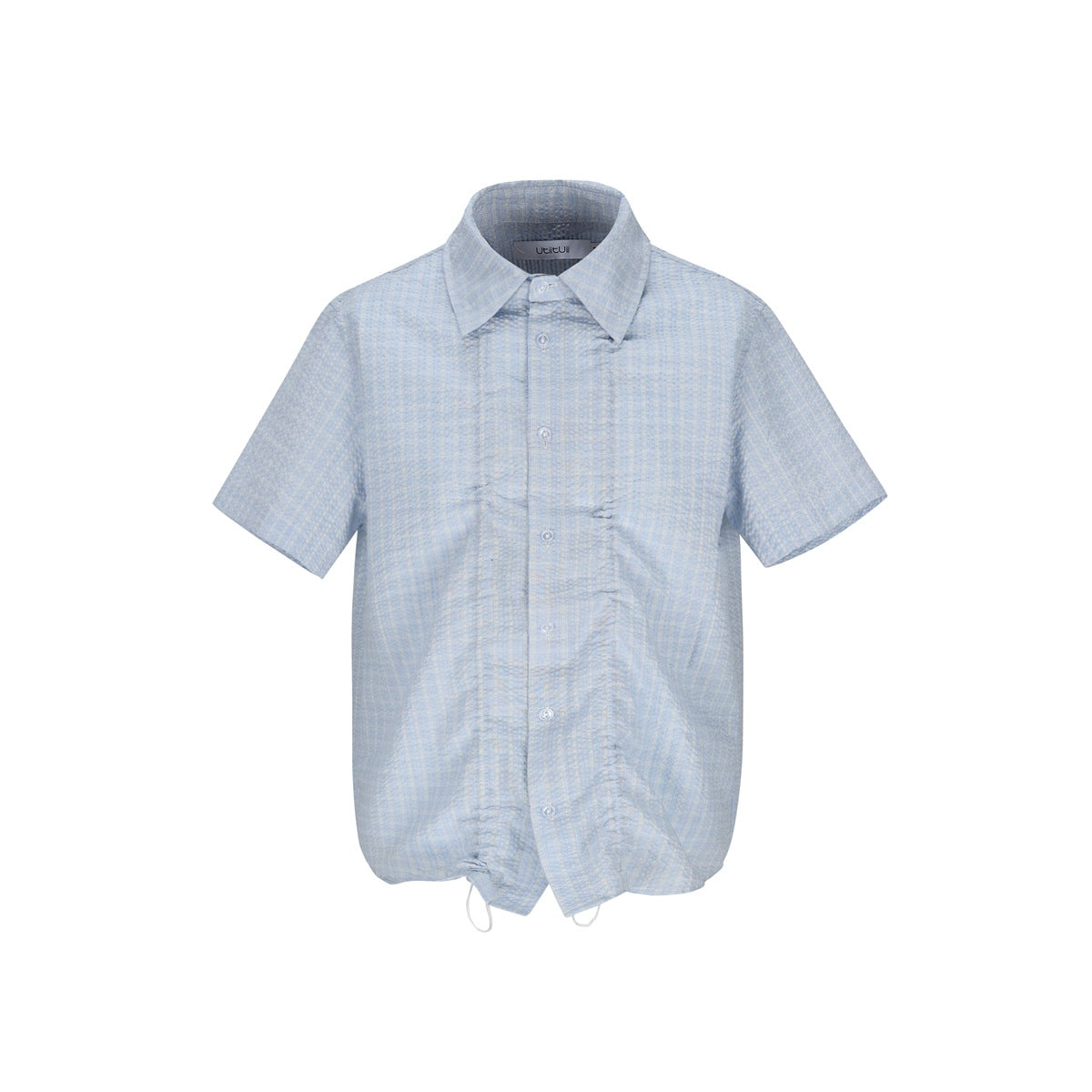 Light blue short-sleeve button-up shirt with textured check pattern, pointed collar and gathered front with hem drawcord