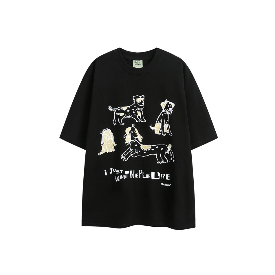 Black short-sleeve crew-neck t-shirt with cream and white dog illustrations and slogan print on the front