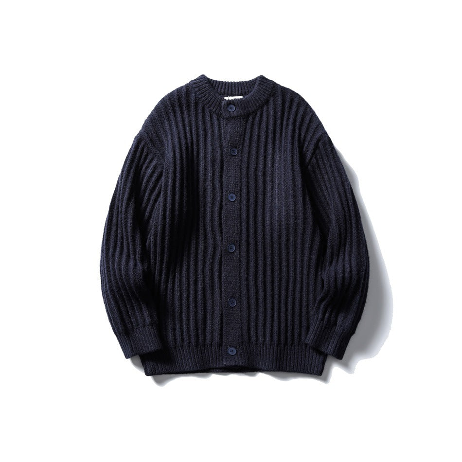 Navy blue ribbed knit button-front cardigan with crew neck, laid flat, front view