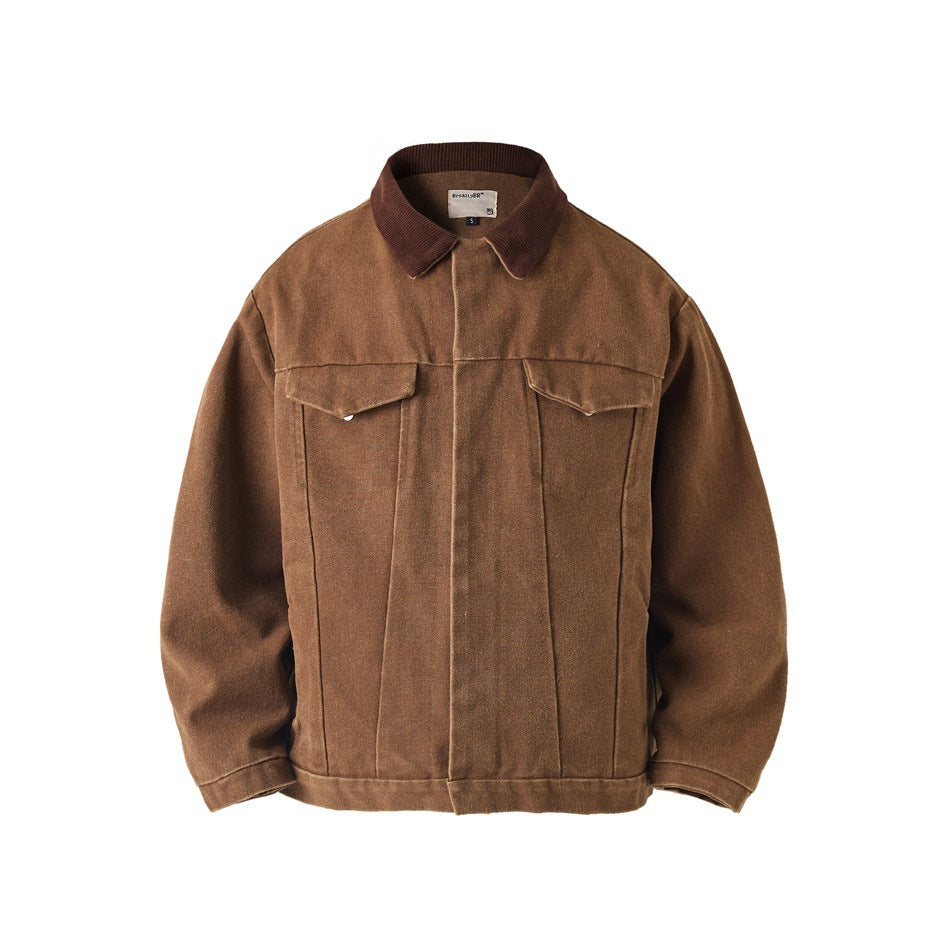 Front flat lay of a washed brown jacket with ribbed dark brown collar, flap chest pockets and a concealed placket