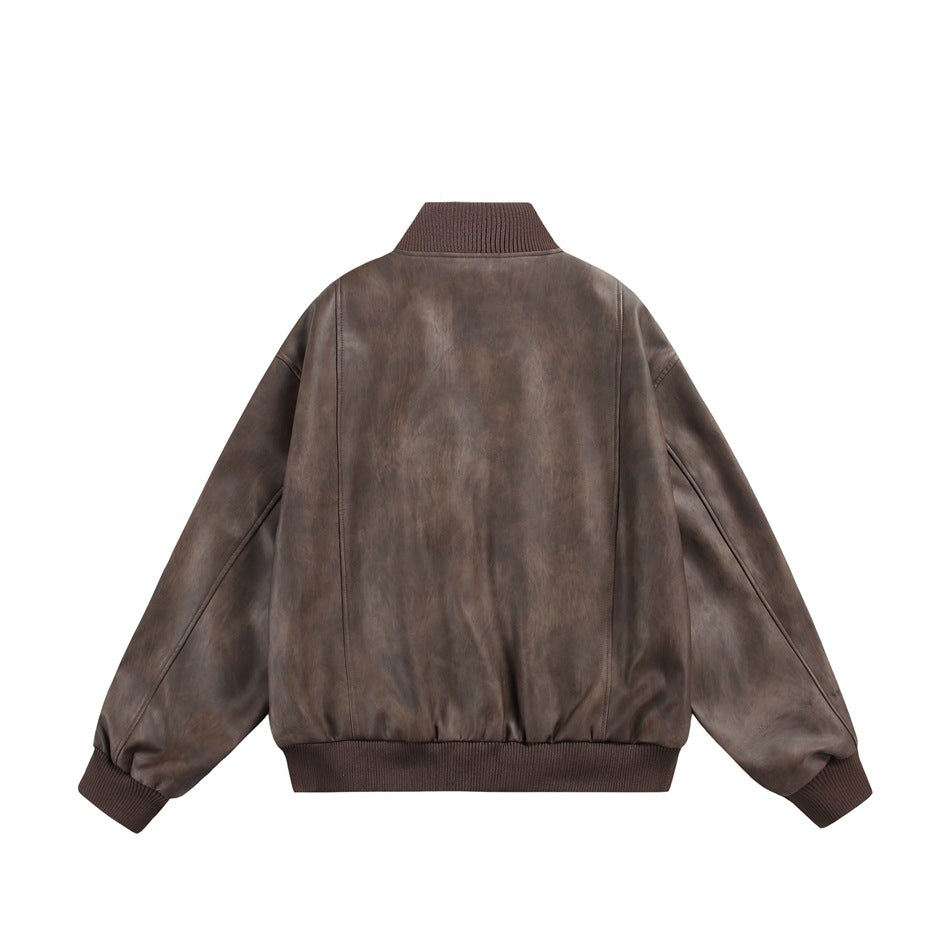 Back view of brown mottled faux-leather-look jacket with ribbed collar, cuffs and hem and vertical seams