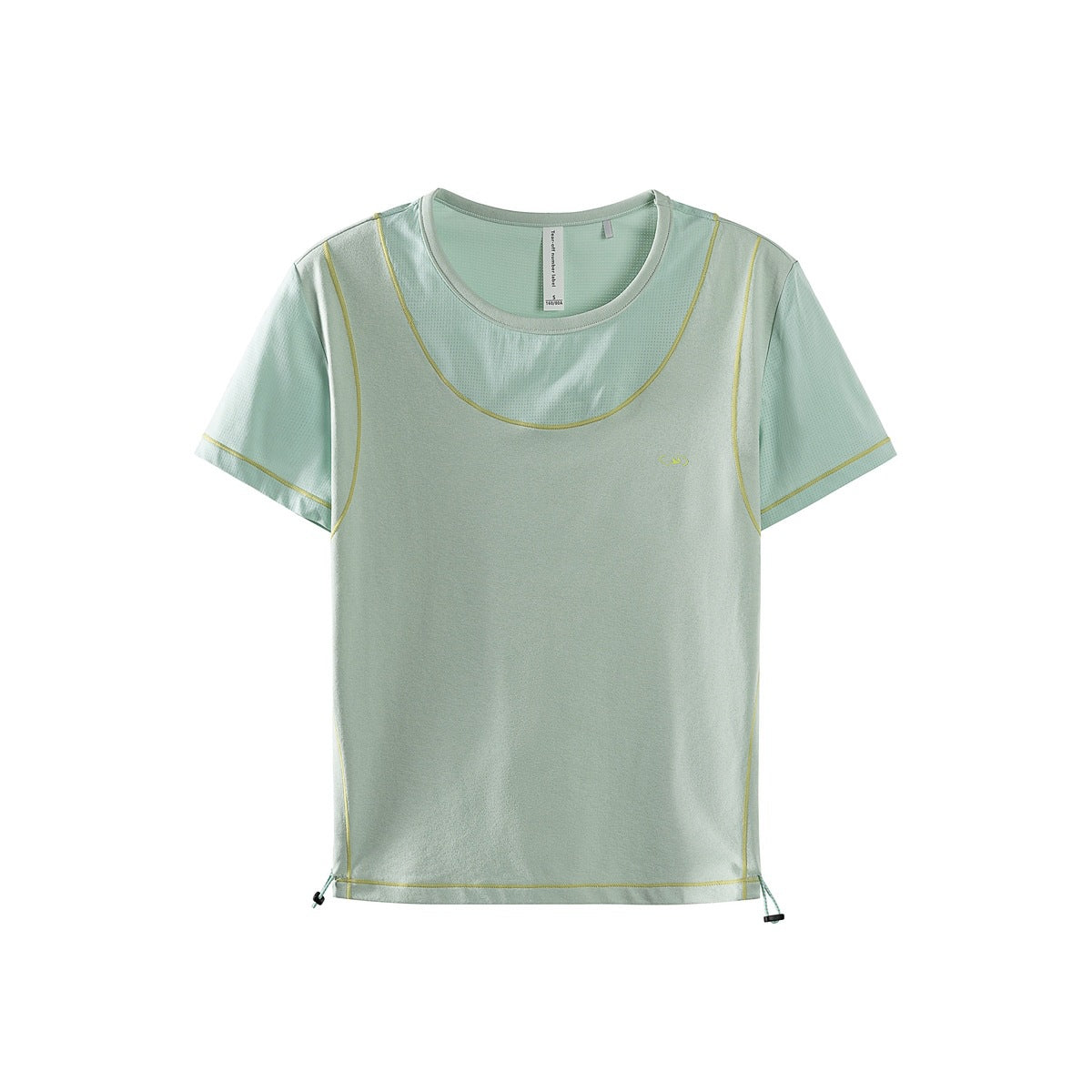 Mint green short-sleeve t-shirt with yellow-green contrast topstitching, mesh sleeves and side drawcord toggles, flat front