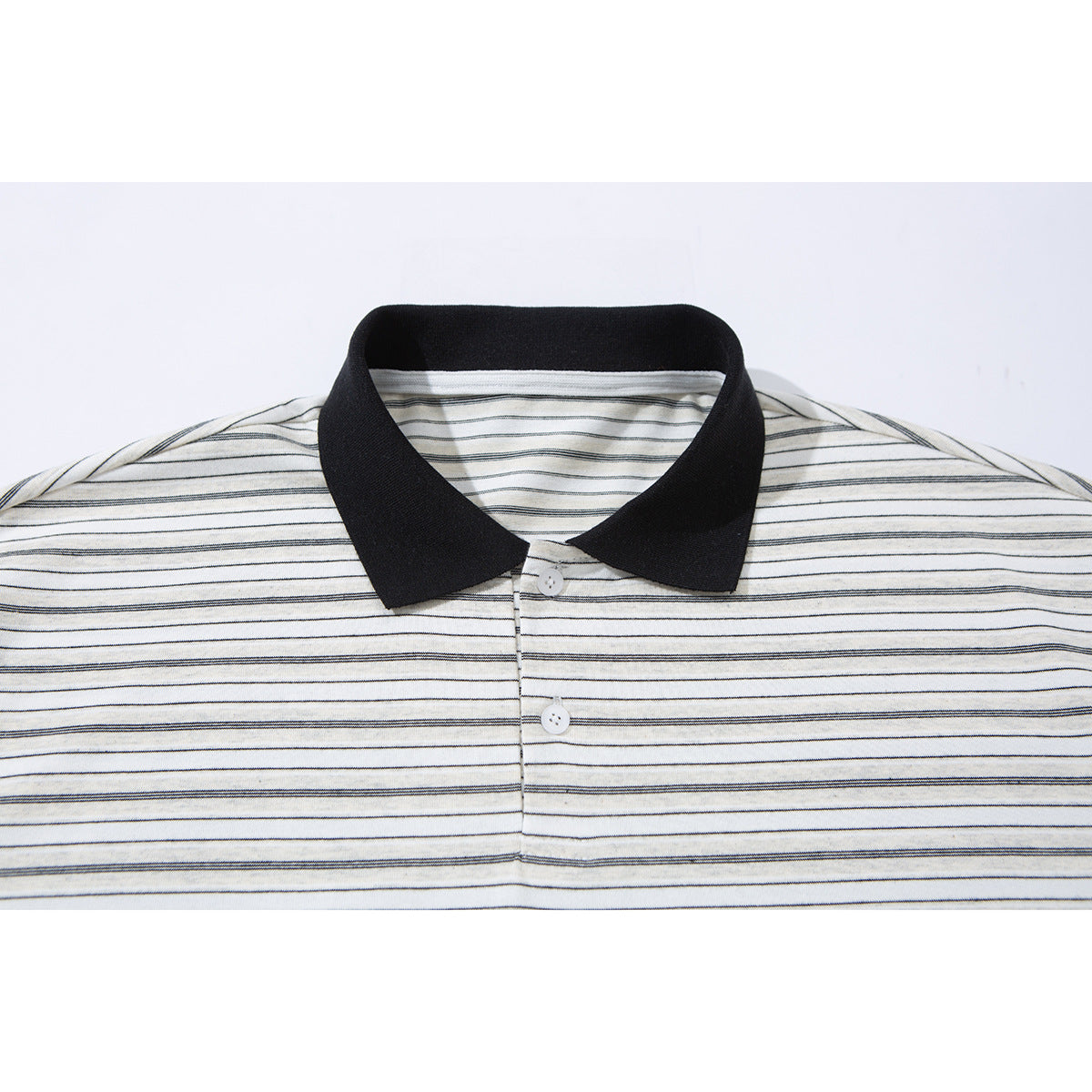 Close front view of a light gray striped polo shirt with a black collar and two white buttons.