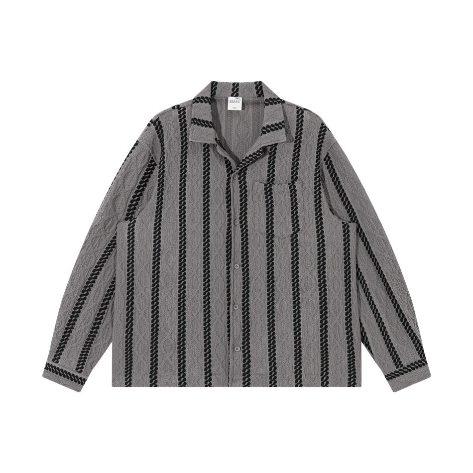 Gray long-sleeve button-front shirt with black chain-pattern vertical stripes and chest pocket, flat lay front view