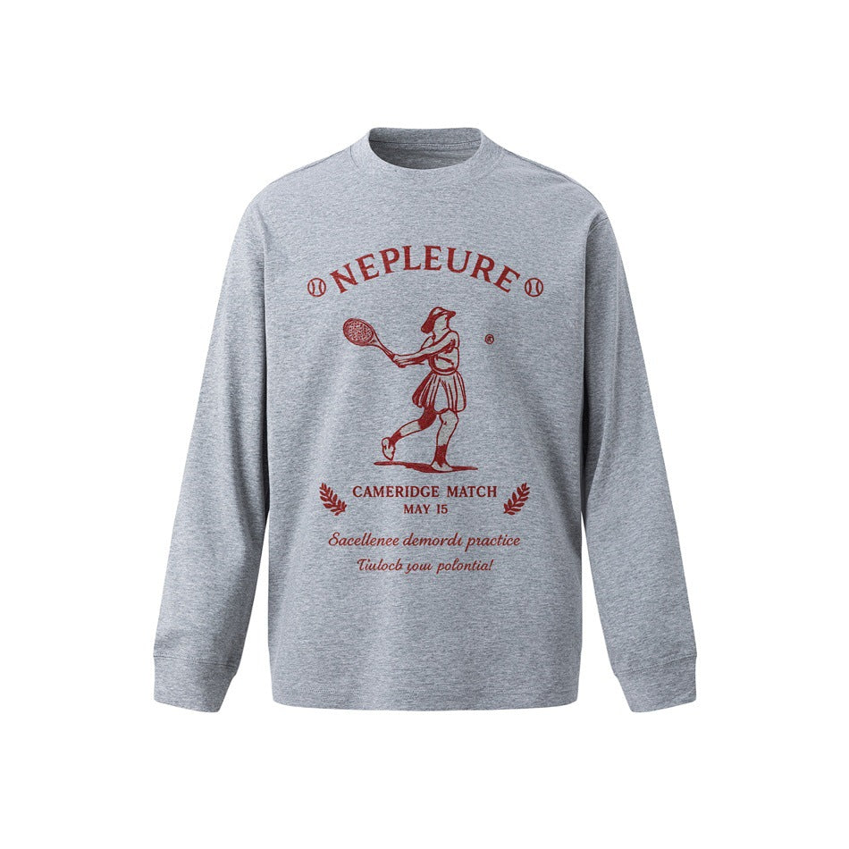 Heather gray long-sleeve crew-neck tee with red vintage tennis player graphic and NEPLEURE lettering, front view