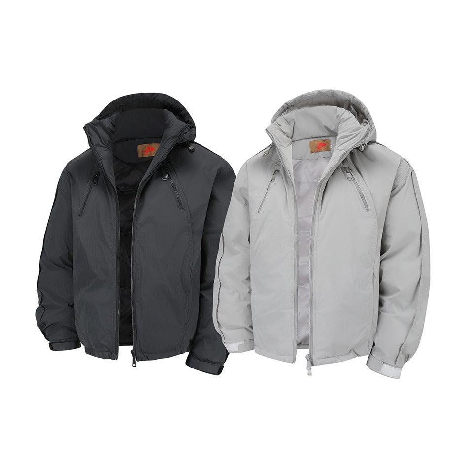 Two hooded jackets shown from the front in black and light gray.