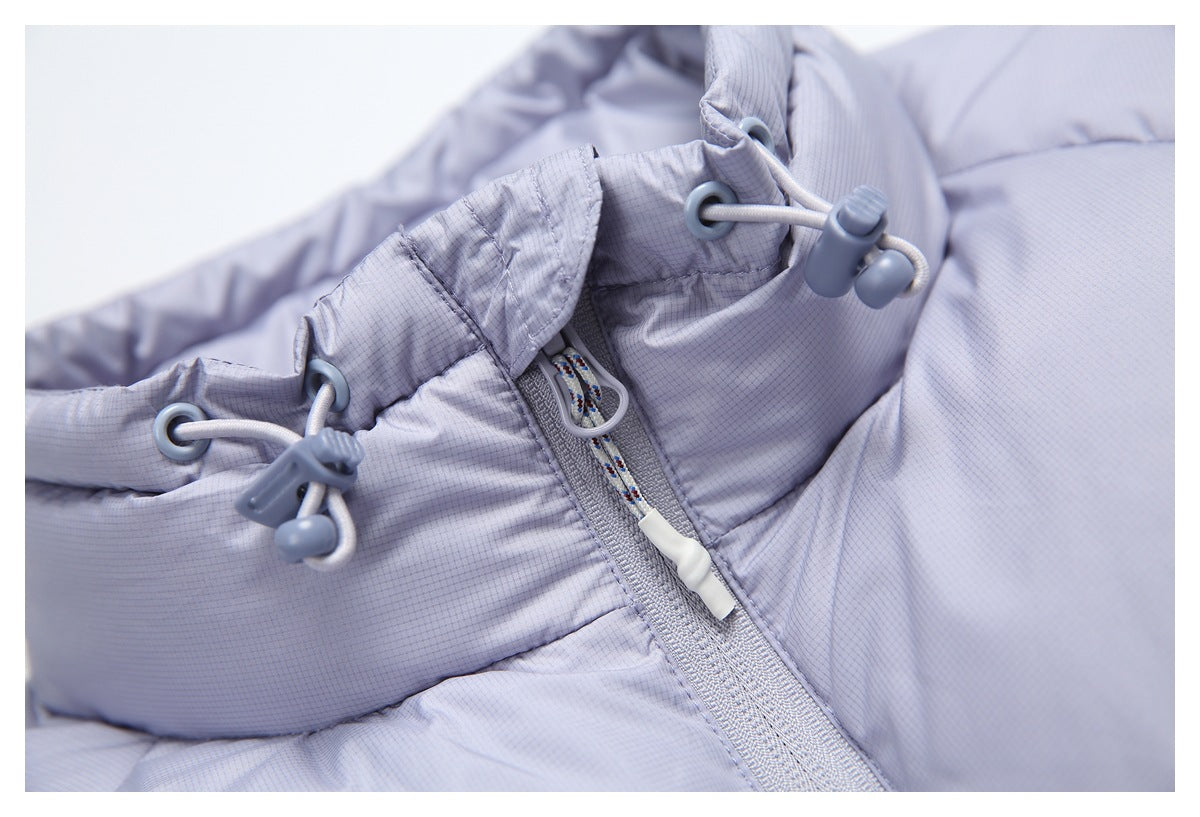 Close-up of a pale lavender jacket collar with adjustable drawcord toggles and a front zipper.