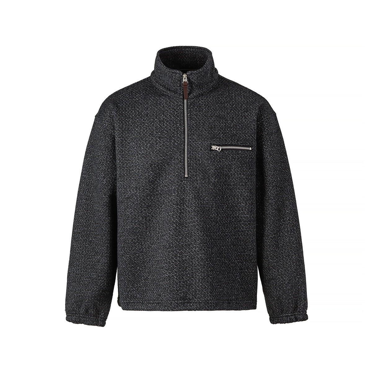 Heather black half-zip stand-collar top with zippered chest pocket and elastic cuffs, front view