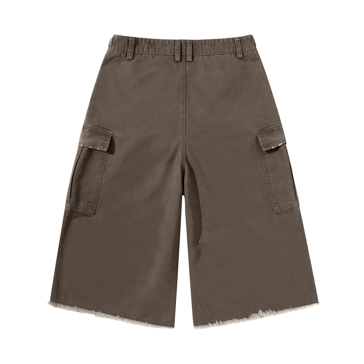 Back view of dark brown wide-leg cargo pants with flap side pockets and frayed hems.