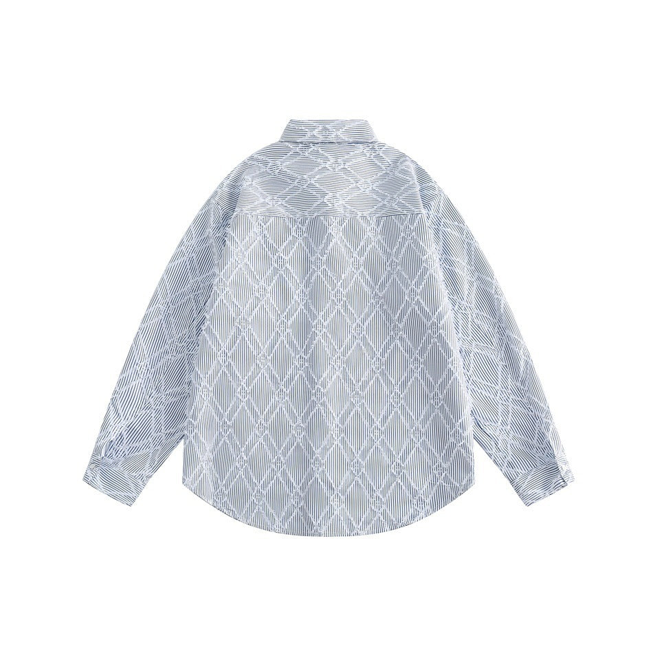 Back view of a light blue pinstriped button-up shirt with frayed diamond details and long sleeves, laid flat.