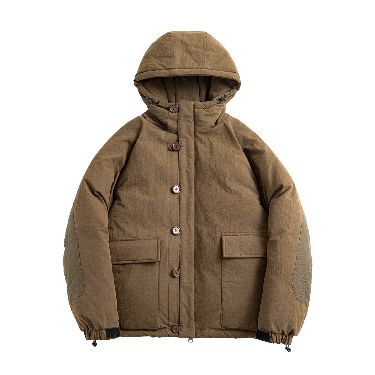 Brown hooded button-front jacket with flap pockets and olive sleeve patches, shown flat from the front