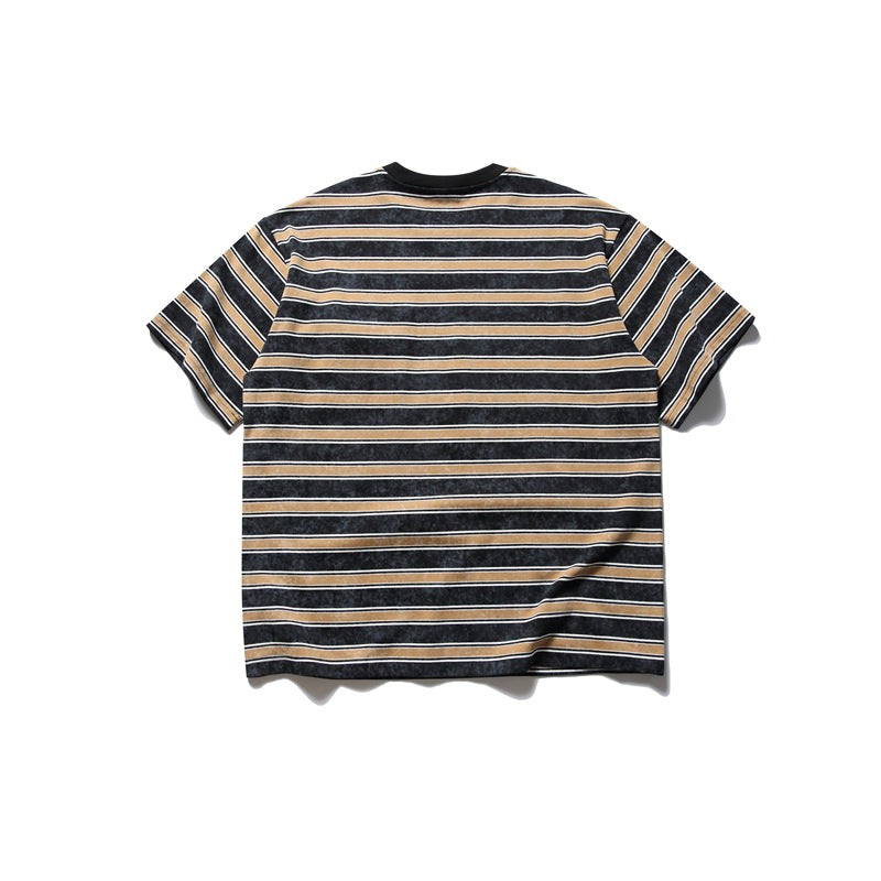 Back view of black and tan striped short-sleeve T-shirt with black crew collar, flat lay