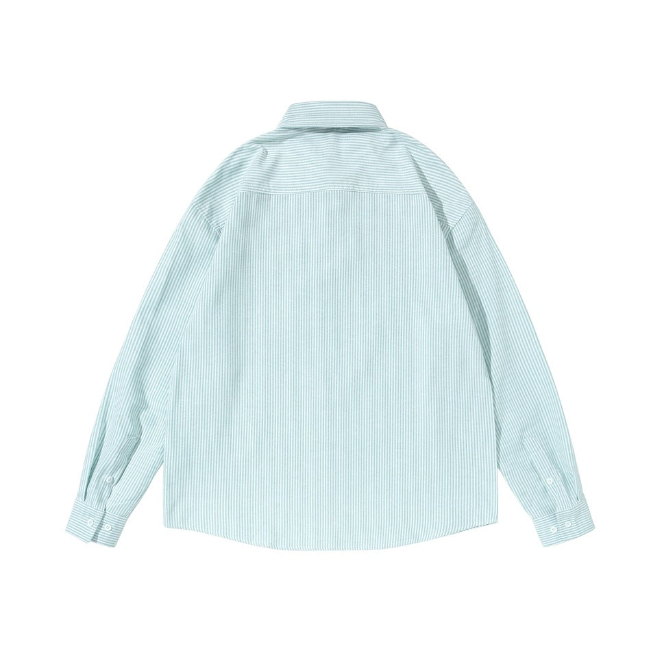 Back view of a light green striped long-sleeve shirt with yoke seam and two-button cuffs, laid flat