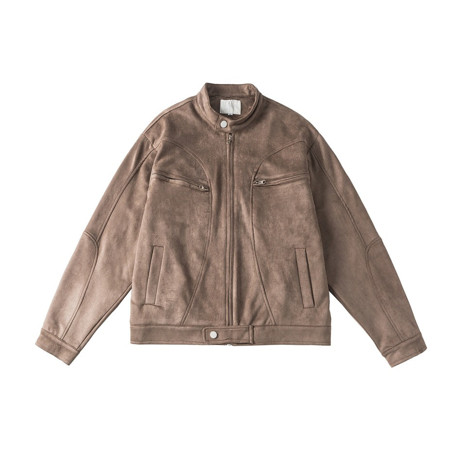 Gray-brown suede-look stand-collar zip jacket with curved seams and zippered chest pockets, flat lay front view