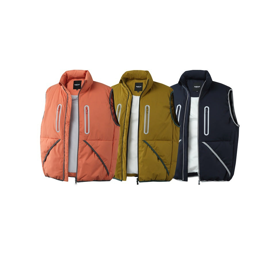 Three sleeveless padded vests shown from the front in rust orange, mustard yellow, and dark navy.