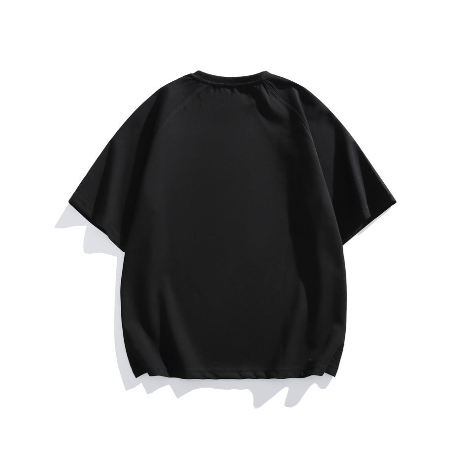 Black short-sleeve raglan crew neck T-shirt, plain back flat view