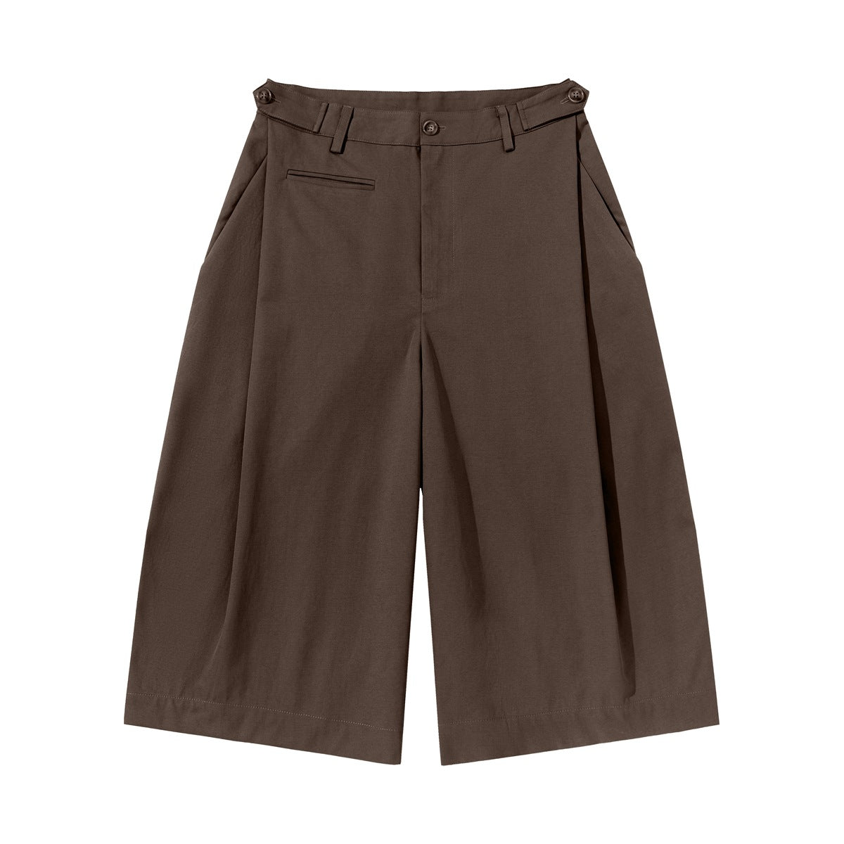 Brown knee-length wide-leg pleated shorts, front flat lay with belt loops, side waist tabs and welt pocket