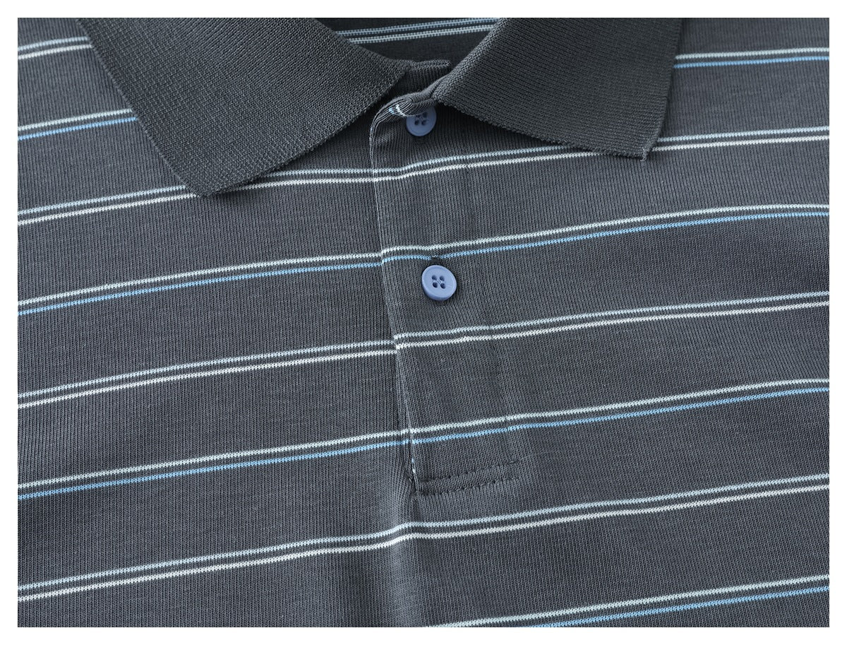 Close-up of the charcoal polo's striped chest, collar, blue buttons, and placket stitching.