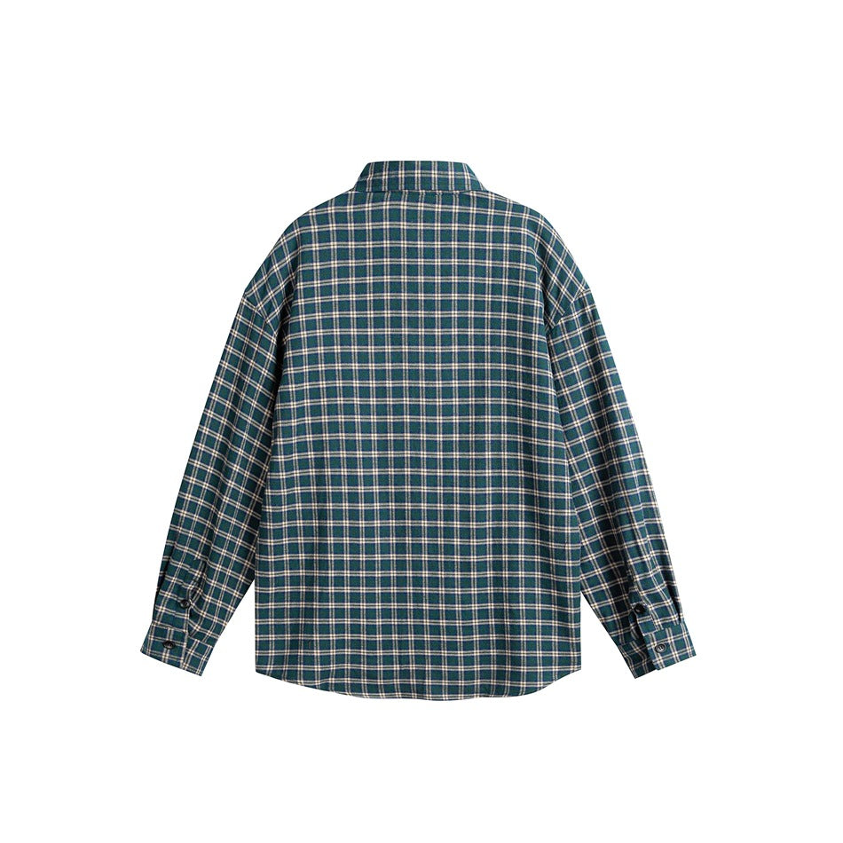 Back view of a dark green plaid long-sleeve button-up shirt.