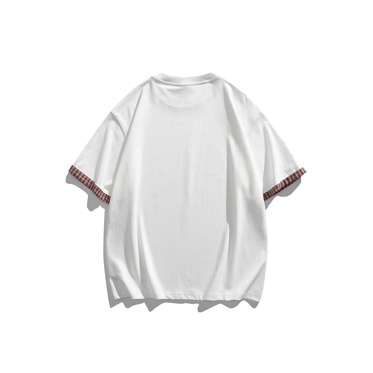 Back view of a plain white short-sleeve T-shirt with red plaid sleeve-edge trim.
