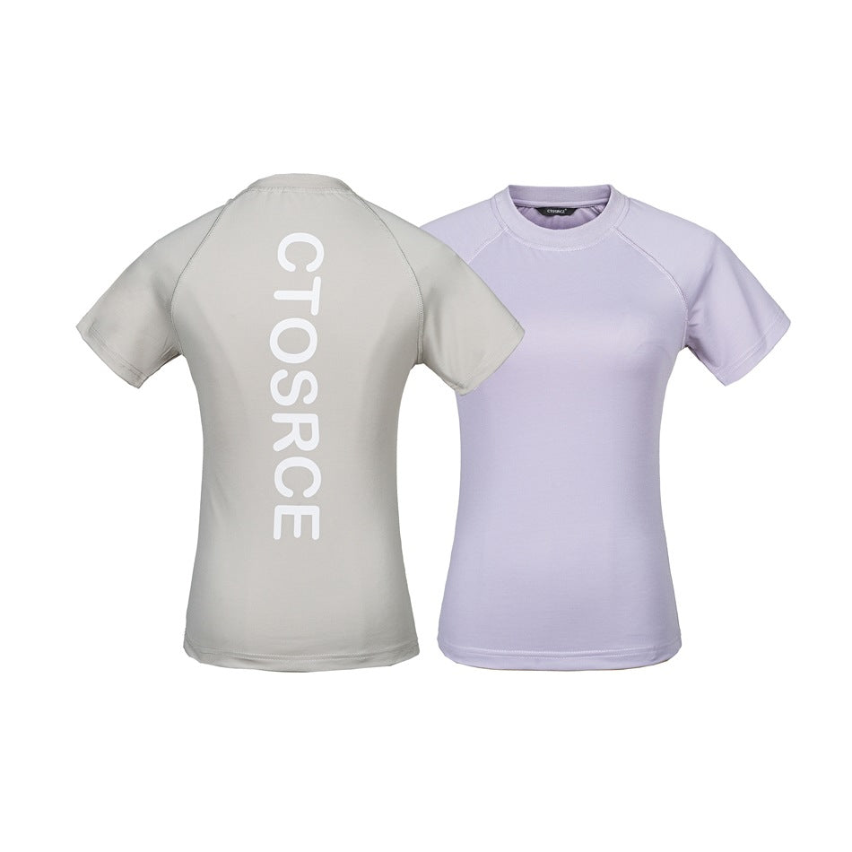 Two short-sleeve raglan T-shirts: a gray shirt shown from the back with vertical white lettering, and a lavender shirt shown