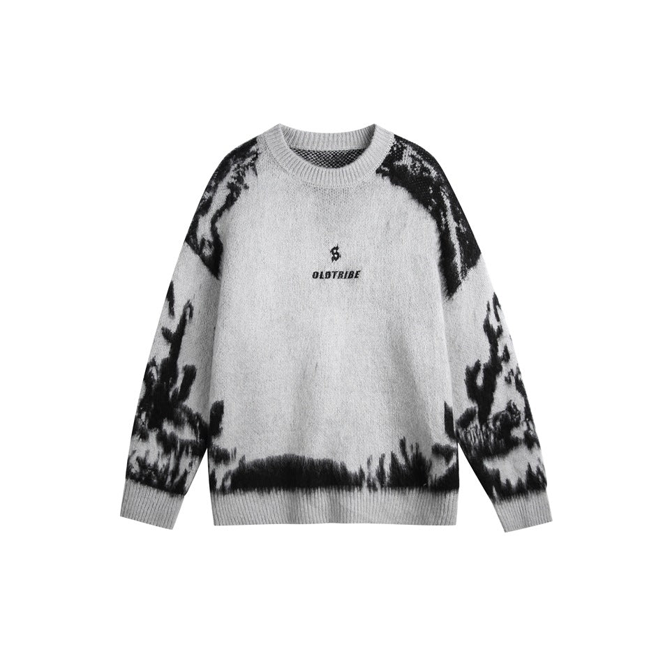 Light gray crewneck knit sweater with black plant-like graphic on shoulders, sleeves and hem, front view