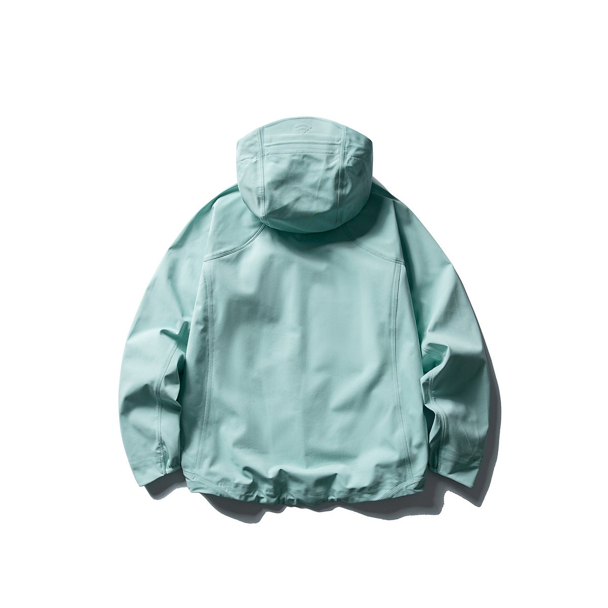Back view of a pale aqua hooded jacket displayed against a white background.