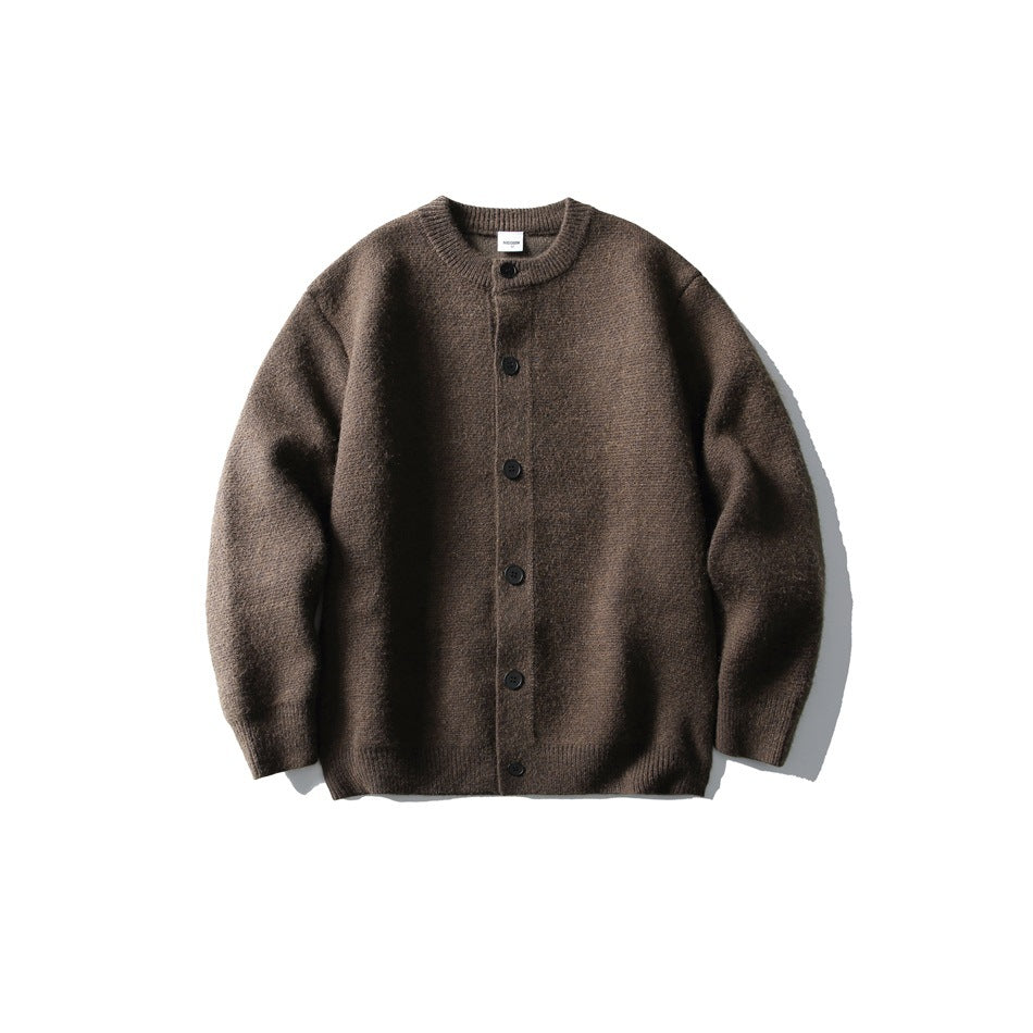 Brown knit button-front cardigan with ribbed crew neck and cuffs, flat lay front view