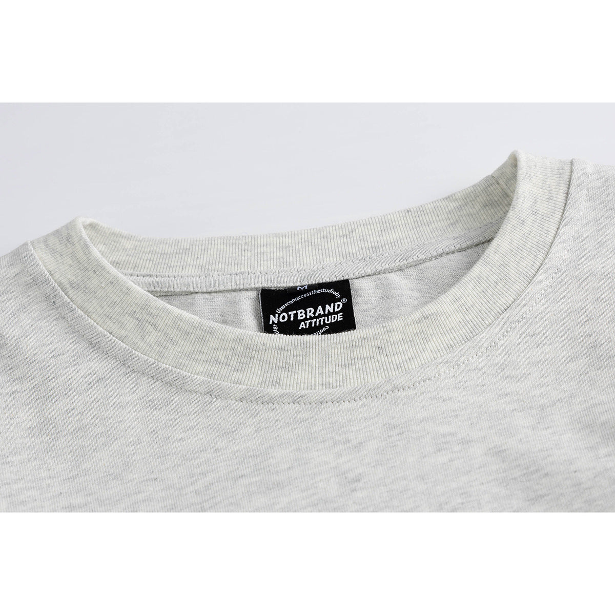 Close-up of the light gray T-shirt's ribbed crew neck and black neck label.
