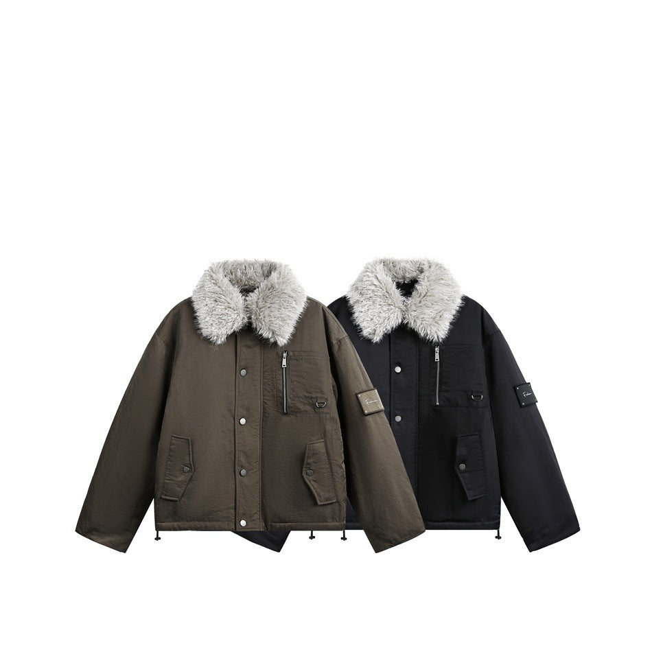 Two jackets shown together in olive brown and black, each with a plush light collar and front pockets.