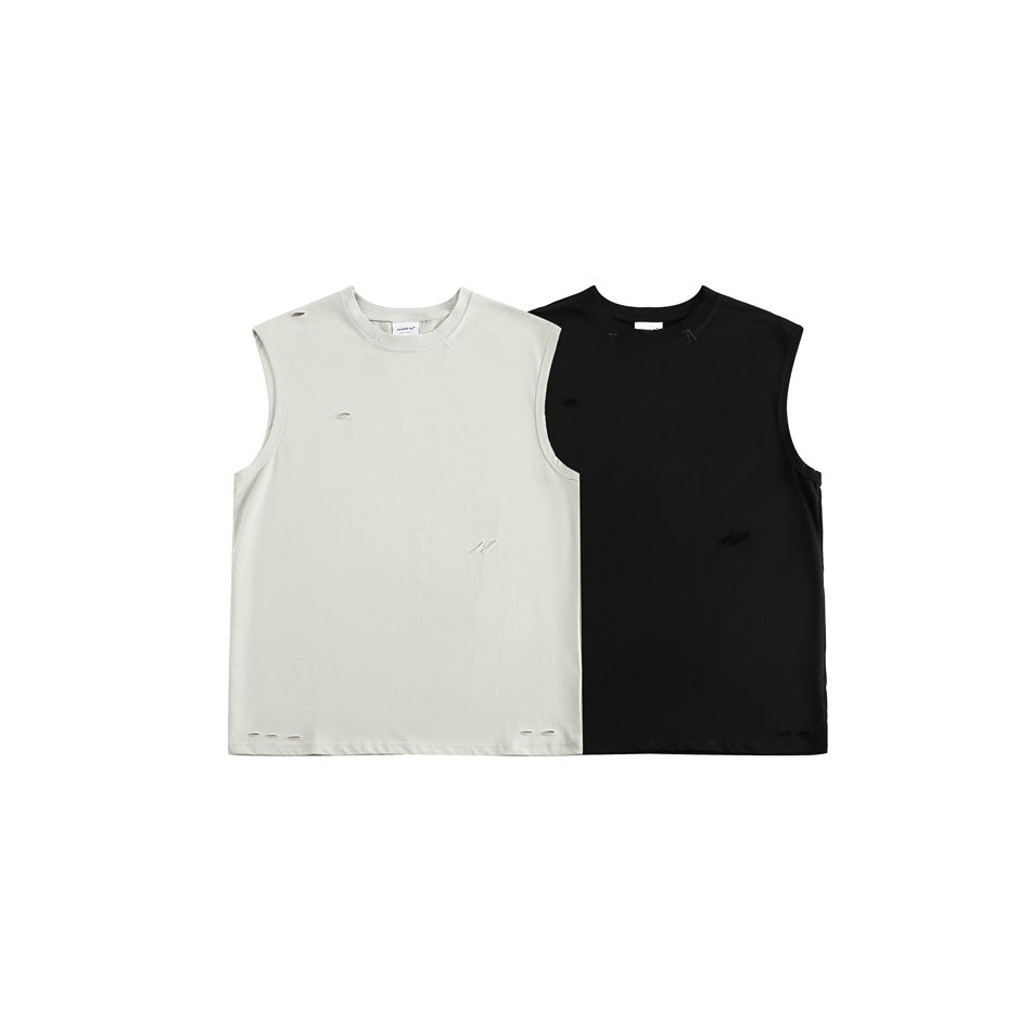 Cream and black sleeveless crew-neck tops shown together from the front, with small distressed slits.
