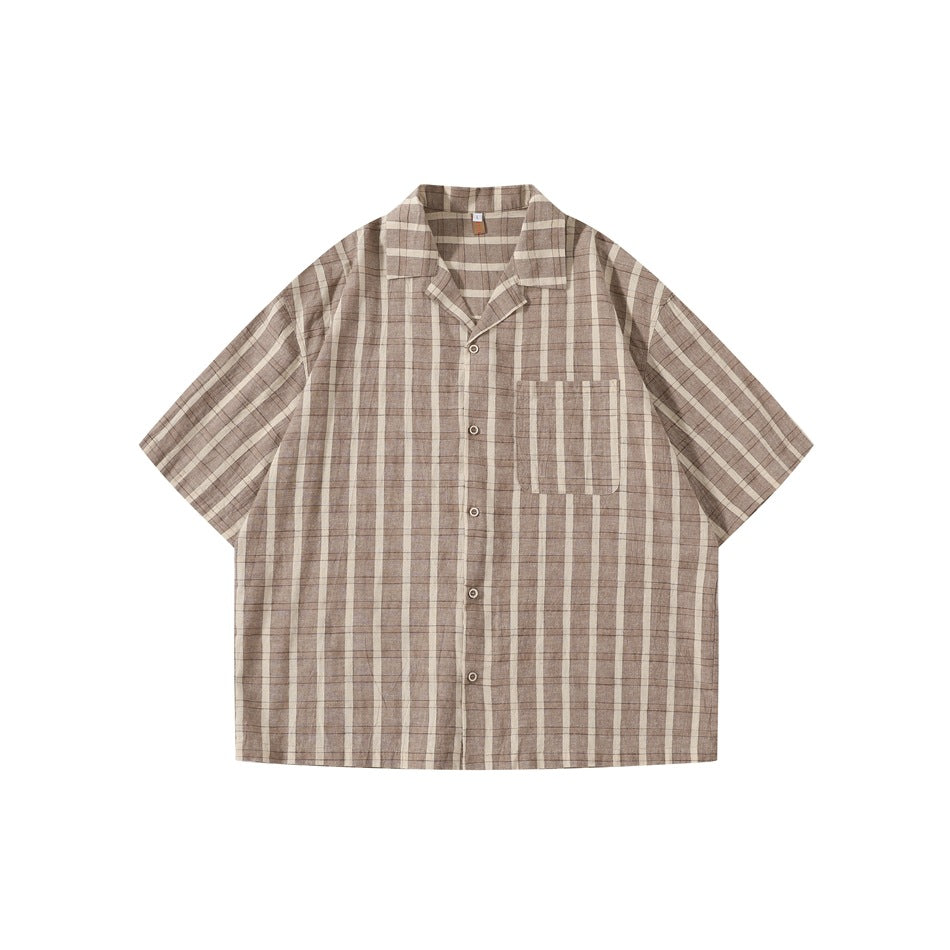 Brown short-sleeve camp-collar shirt with cream stripes and chest pocket, flat front view