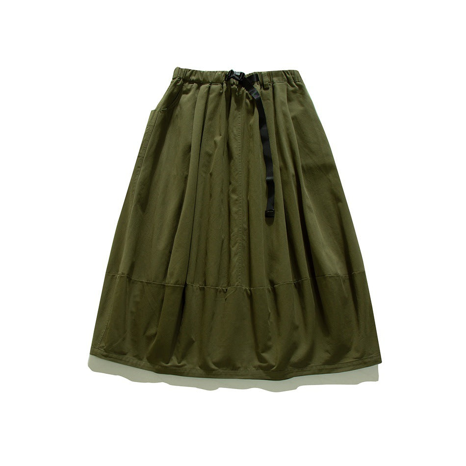 Olive green A-line midi skirt with elastic waist, black buckle belt and paneled hem, flat lay