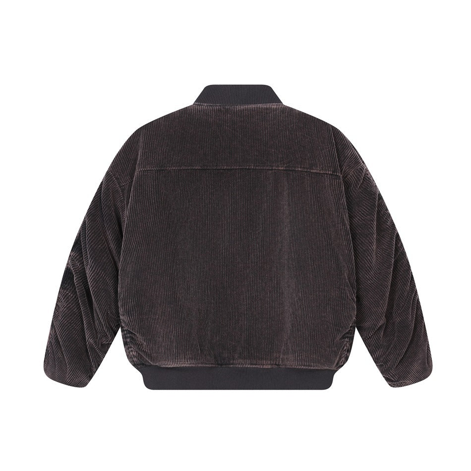Back view of a dark brown ribbed bomber jacket with a ribbed collar, long sleeves, and ribbed hem.