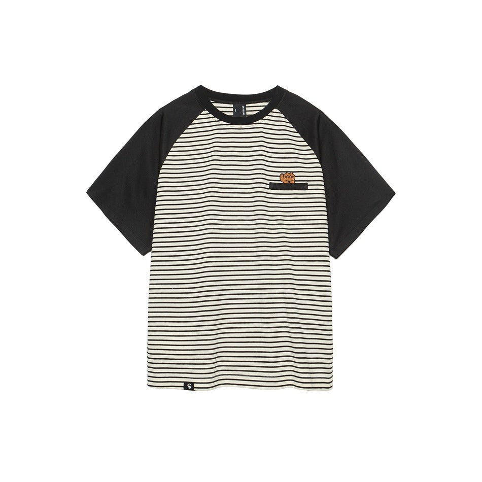 Black raglan-sleeve T-shirt with cream and black striped body and small embroidered character on chest pocket