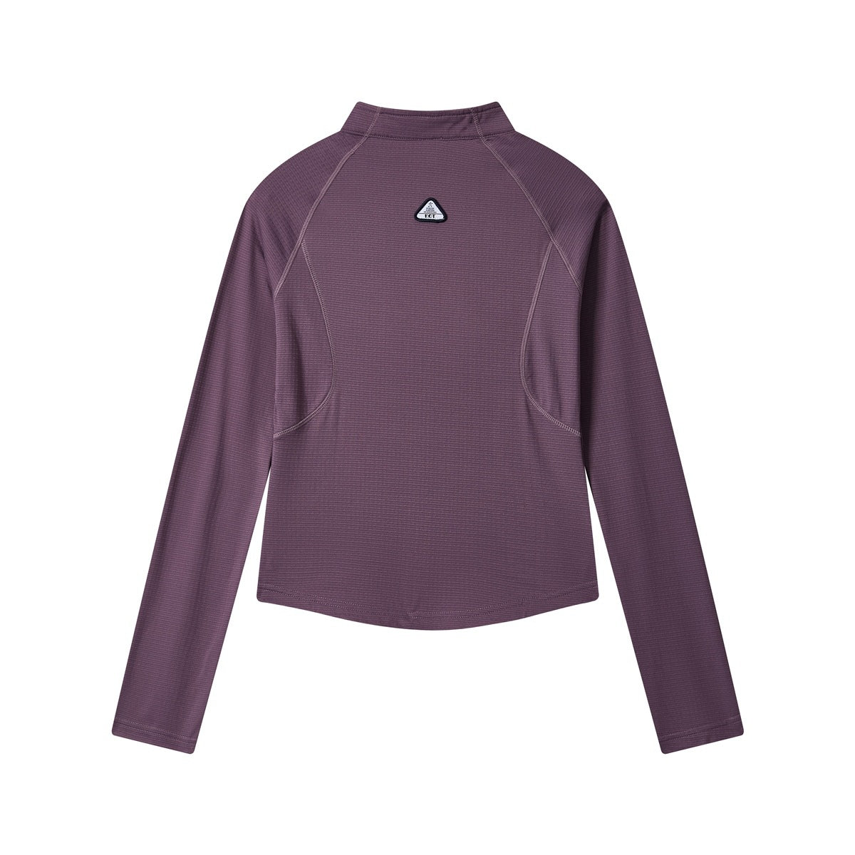 Purple jacket flat back view with raglan seams, curved hem and small triangular patch on upper back