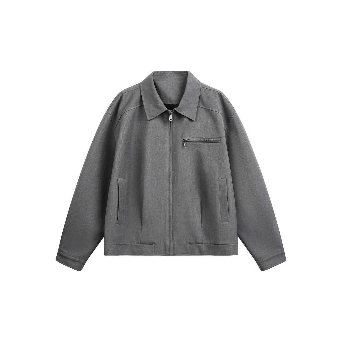Gray zip-front collared jacket flat lay with chest zip pocket, slanted pockets and banded hem