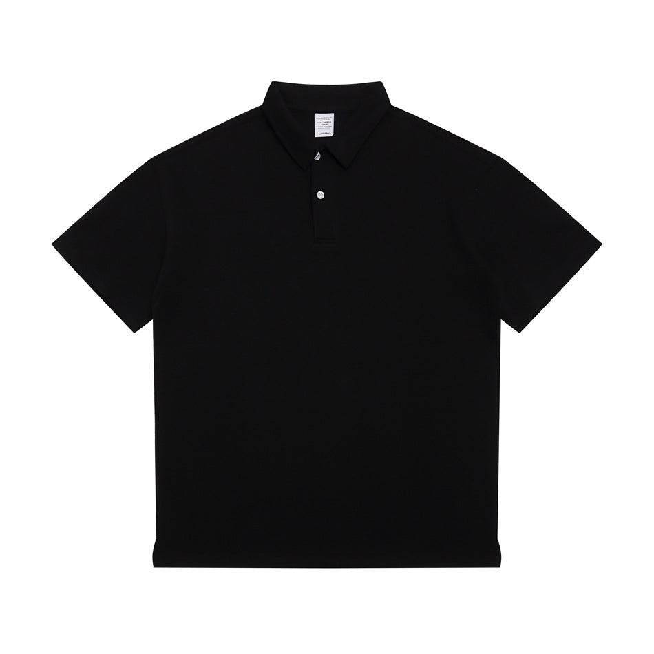 Black short-sleeve polo shirt with two-button placket, flat lay front view