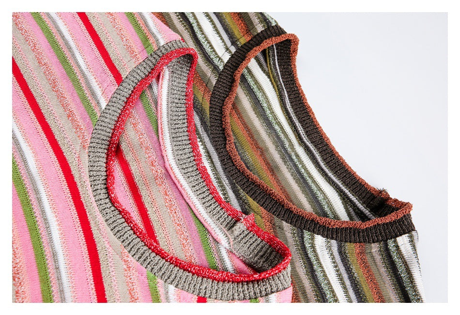 Close-up of two striped tops showing crewneck openings with contrasting gray and dark ribbed trim.