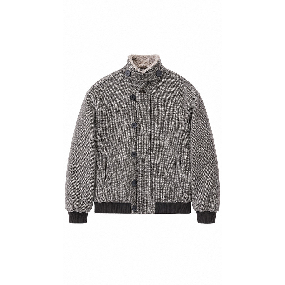 Gray textured stand-collar button-front jacket with fleece-like collar lining, ribbed cuffs and hem, flat front view