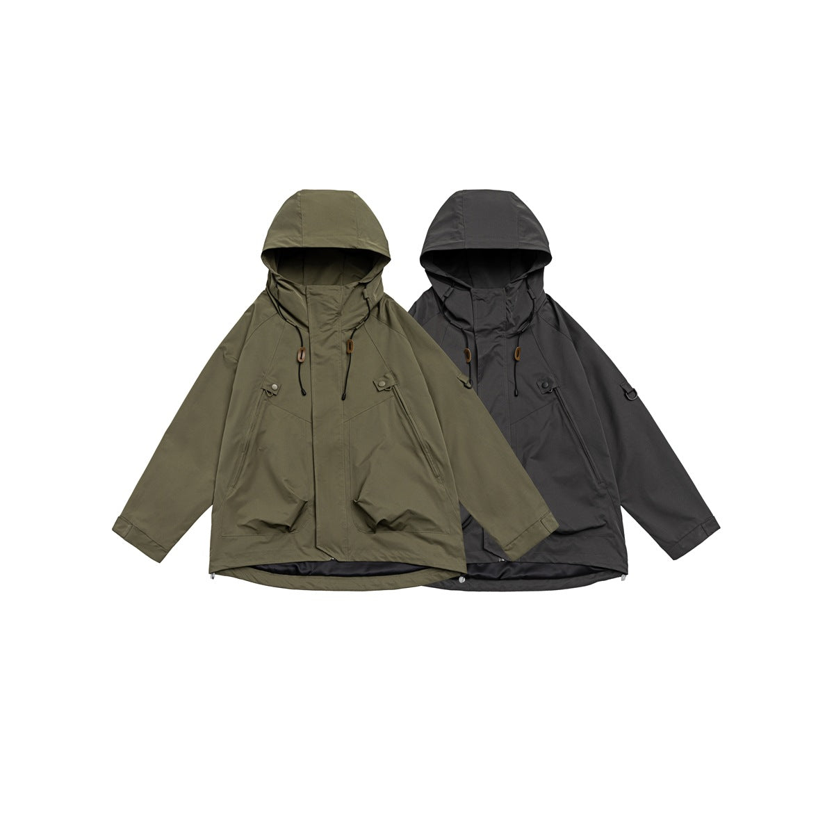 Two hooded outdoor jackets shown from the front, one olive green and one charcoal gray, with large pockets and drawcords.