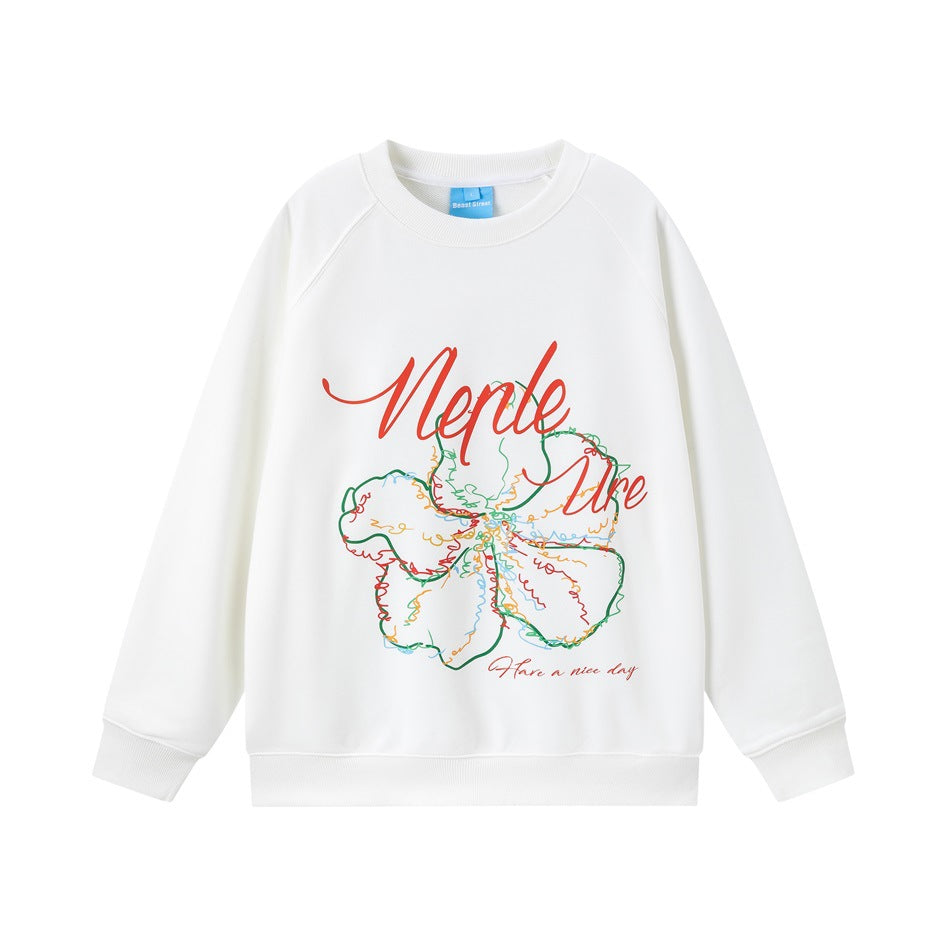 White crew neck raglan sweatshirt with red script lettering and green line-art flower print, flat front view