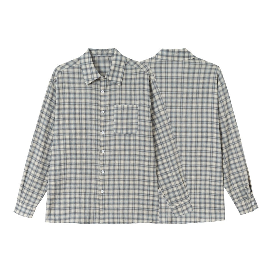 Gray-blue plaid long-sleeve button-up shirt shown from the front and back, with a pointed collar and single chest pocket.