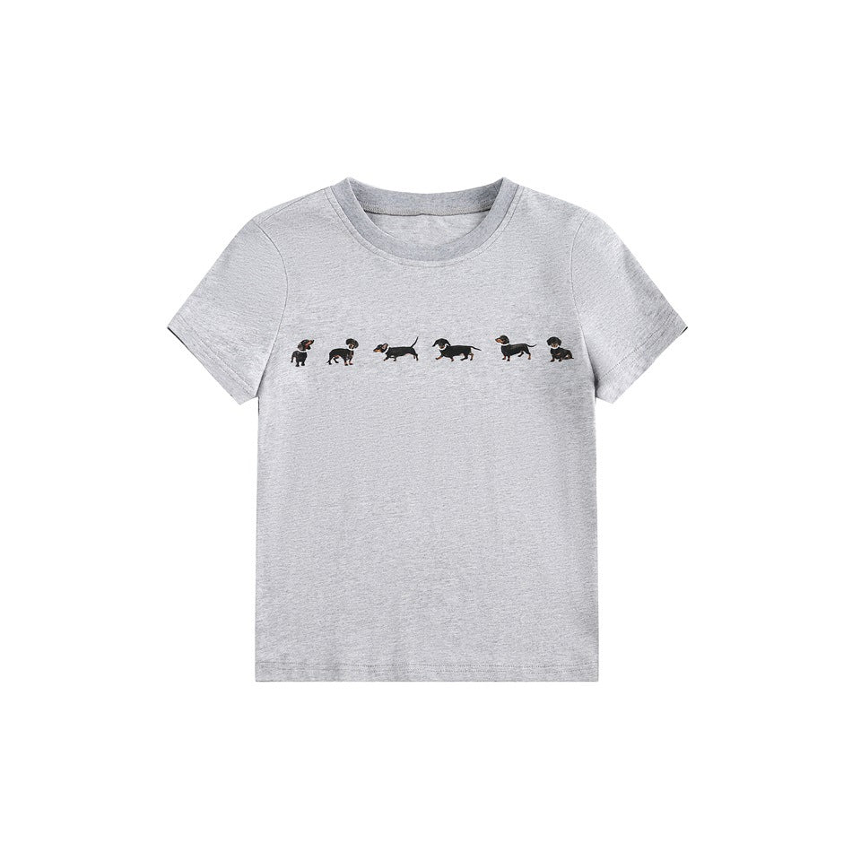 Heather gray short-sleeve crewneck T-shirt with a row of six small black dachshund prints across the chest