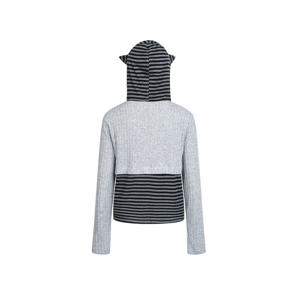 Back view of a gray long-sleeve hooded top with black and gray horizontal stripes on the hood and lower back.