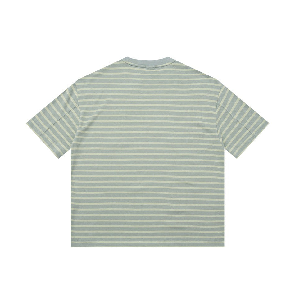 Back view of a sage green short-sleeve crew-neck T-shirt with pale horizontal stripes.
