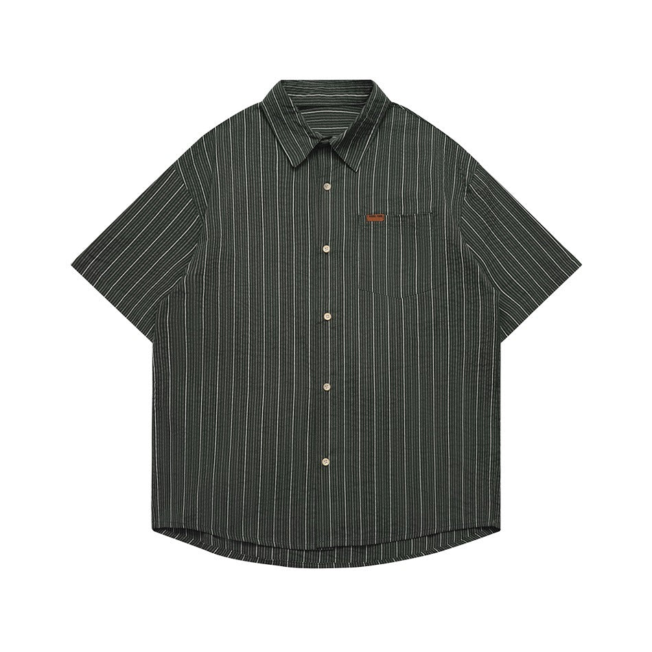 Dark green short-sleeve button-up shirt with white vertical stripes, chest pocket and small brown label, flat front view